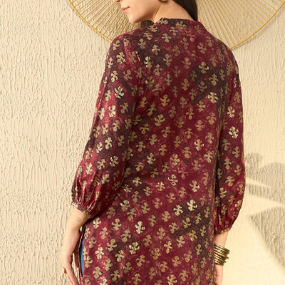 Maroon Cotton Blend Abstract Printed Regular Tunic VT1278MRN