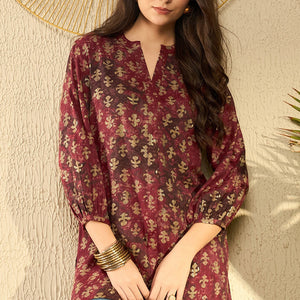 Maroon Cotton Blend Abstract Printed Regular Tunic VT1278MRN