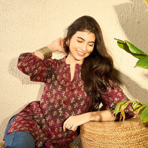 Maroon Cotton Blend Abstract Printed Regular Tunic VT1278MRN