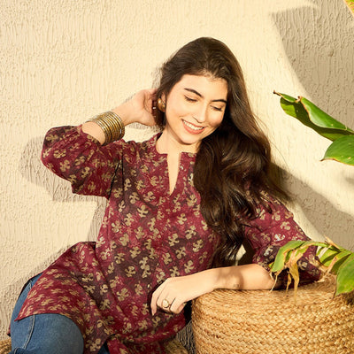 Maroon Cotton Blend Abstract Printed Regular Tunic VT1278MRN