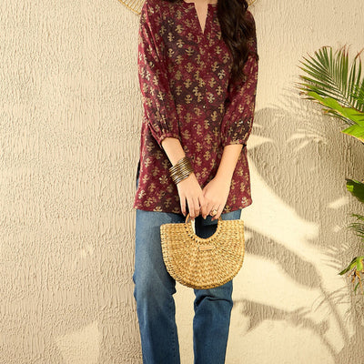 Maroon Cotton Blend Abstract Printed Regular Tunic VT1278MRN