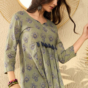 Green Cotton Blend Ethnic Motifs Printed Peplum Tunic VT1283
