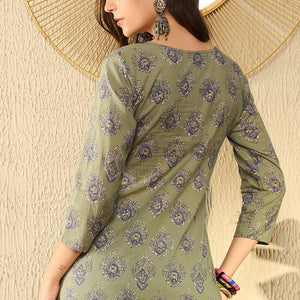 Green Cotton Blend Ethnic Motifs Printed Peplum Tunic VT1283