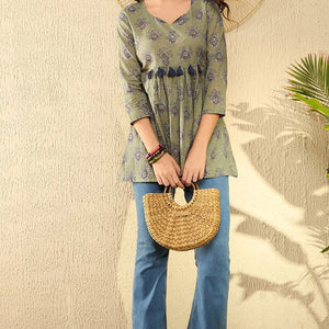 Green Cotton Blend Ethnic Motifs Printed Peplum Tunic VT1283