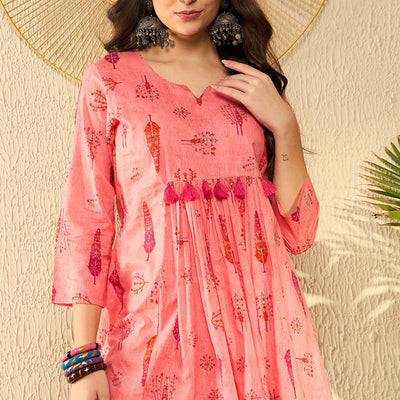Pink Cotton Blend Floral Printed Peplum Tunic VT1284