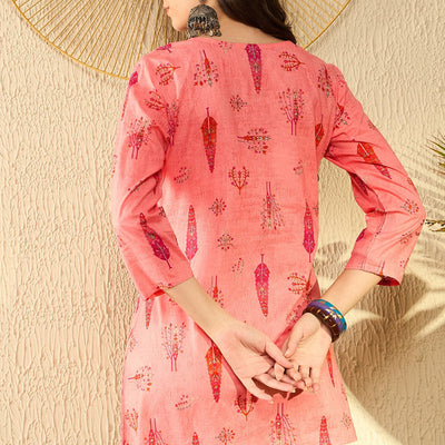 Pink Cotton Blend Floral Printed Peplum Tunic VT1284