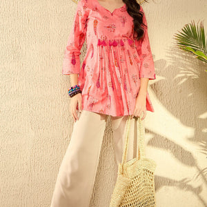 Pink Cotton Blend Floral Printed Peplum Tunic VT1284