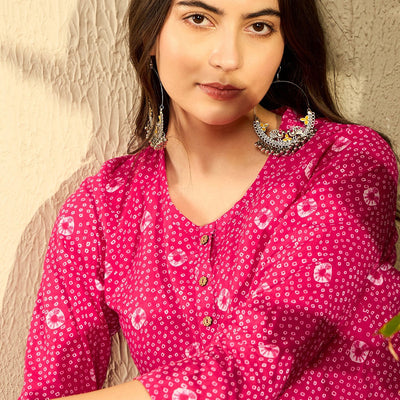 Pink Cotton Blend Bandhani Printed Regular Tunic VT1289