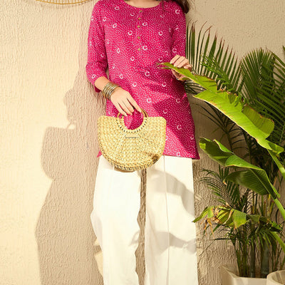 Pink Cotton Blend Bandhani Printed Regular Tunic VT1289