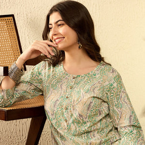 Green Cotton Blend Abstract Printed Regular Tunic VT1290