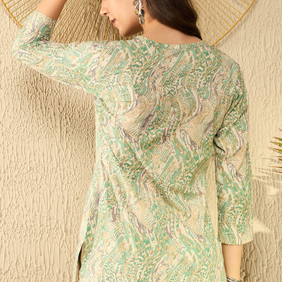 Green Cotton Blend Abstract Printed Regular Tunic VT1290