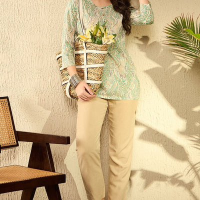Green Cotton Blend Abstract Printed Regular Tunic VT1290