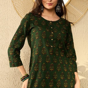 Green Cotton Blend Ethnic Motifs Printed Regular Tunic VT1297
