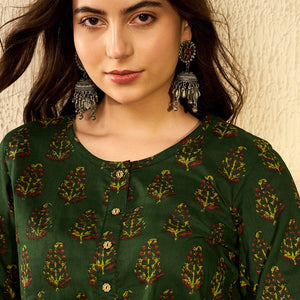 Green Cotton Blend Ethnic Motifs Printed Regular Tunic VT1297