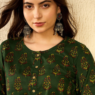 Green Cotton Blend Ethnic Motifs Printed Regular Tunic VT1297