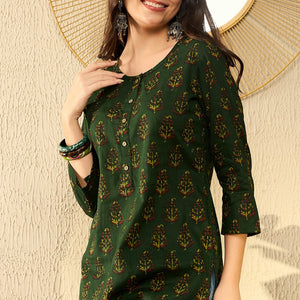Green Cotton Blend Ethnic Motifs Printed Regular Tunic VT1297