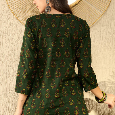 Green Cotton Blend Ethnic Motifs Printed Regular Tunic VT1297