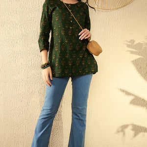 Green Cotton Blend Ethnic Motifs Printed Regular Tunic VT1297