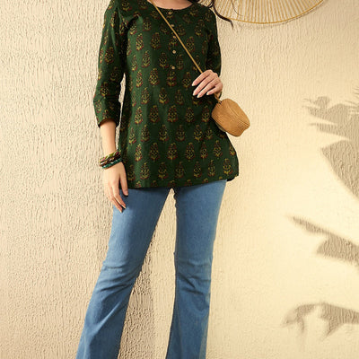 Green Cotton Blend Ethnic Motifs Printed Regular Tunic VT1297