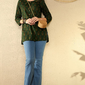 Green Cotton Blend Ethnic Motifs Printed Regular Tunic VT1297