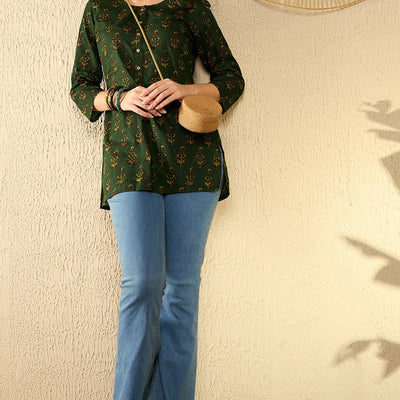 Green Cotton Blend Ethnic Motifs Printed Regular Tunic VT1297
