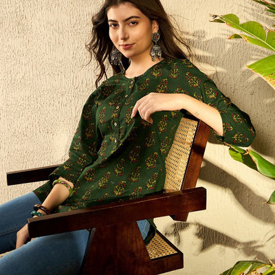 Green Cotton Blend Ethnic Motifs Printed Regular Tunic VT1297