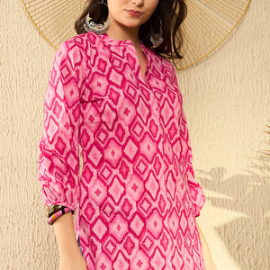 Pink Cotton Blend Ikat Printed Regular Tunic VT1298