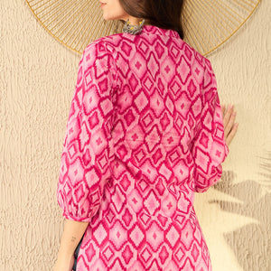 Pink Cotton Blend Ikat Printed Regular Tunic VT1298
