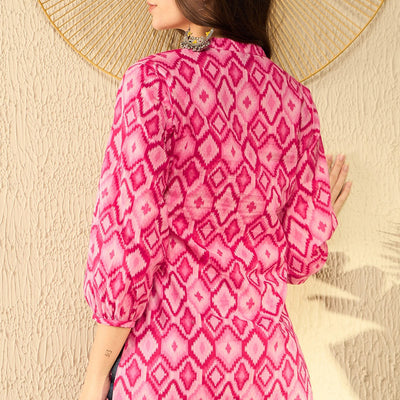 Pink Cotton Blend Ikat Printed Regular Tunic VT1298