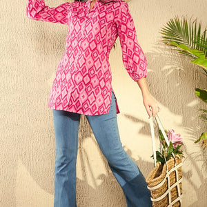 Pink Cotton Blend Ikat Printed Regular Tunic VT1298
