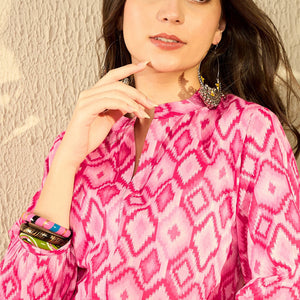 Pink Cotton Blend Ikat Printed Regular Tunic VT1298
