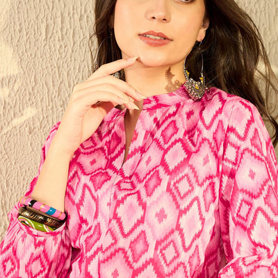 Pink Cotton Blend Ikat Printed Regular Tunic VT1298