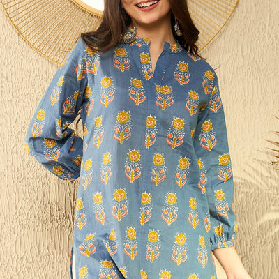 Blue Cotton Blend Floral Printed Regular Tunic VT1300