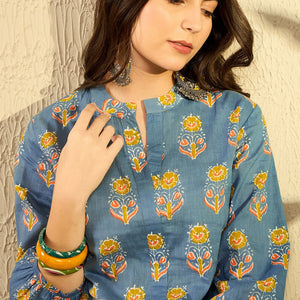 Blue Cotton Blend Floral Printed Regular Tunic VT1300