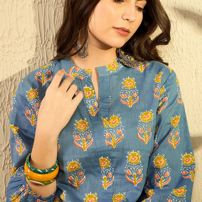 Blue Cotton Blend Floral Printed Regular Tunic VT1300