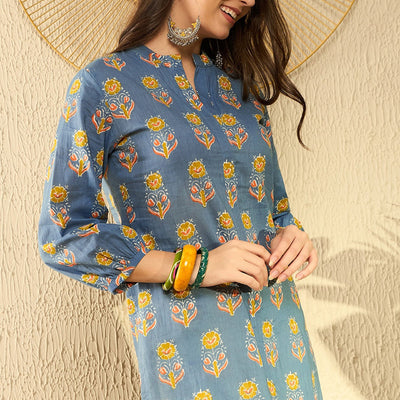 Blue Cotton Blend Floral Printed Regular Tunic VT1300