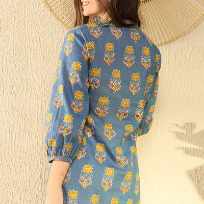Blue Cotton Blend Floral Printed Regular Tunic VT1300