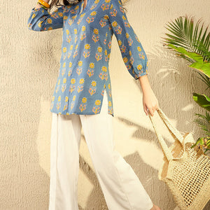 Blue Cotton Blend Floral Printed Regular Tunic VT1300