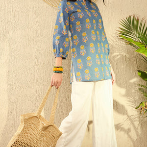 Blue Cotton Blend Floral Printed Regular Tunic VT1300
