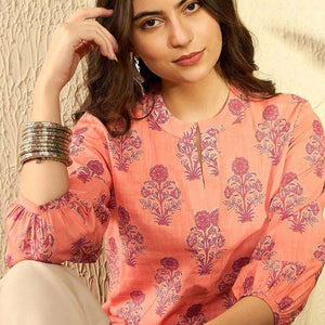 Orange Cotton Blend Floral Printed Regular Tunic VT1301