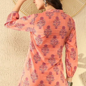 Orange Cotton Blend Floral Printed Regular Tunic VT1301