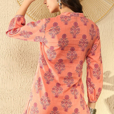 Orange Cotton Blend Floral Printed Regular Tunic VT1301