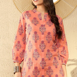 Orange Cotton Blend Floral Printed Regular Tunic VT1301