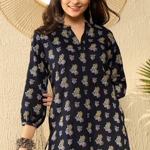 Navy Blue Cotton Blend Ethnic Motifs Printed Regular Tunic VT1302