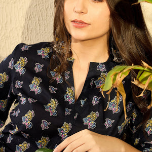 Navy Blue Cotton Blend Ethnic Motifs Printed Regular Tunic VT1302