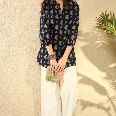 Navy Blue Cotton Blend Ethnic Motifs Printed Regular Tunic VT1302