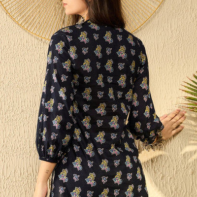 Navy Blue Cotton Blend Ethnic Motifs Printed Regular Tunic VT1302