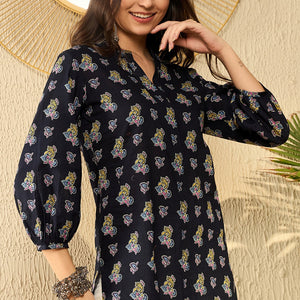 Navy Blue Cotton Blend Ethnic Motifs Printed Regular Tunic VT1302