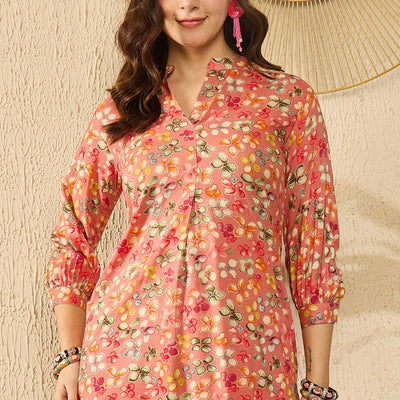 Pink Viscose Rayon Floral Printed Regular Kurti Tunics VT1310