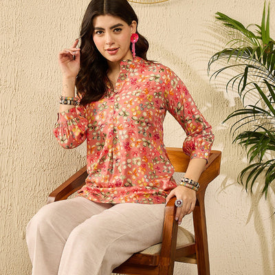 Pink Viscose Rayon Floral Printed Regular Kurti Tunics VT1310